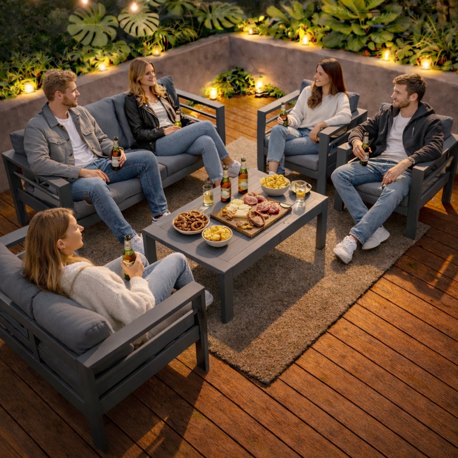 MEXO Gartenlounge - Set Gartenmöbel Set Aluminium wetterfest 6 - 7 Personen (12cm Deluxe Relax - Sitzkissen, 5 - tlg., pflegeleichte Polywood - Tischplatte), outdoor Gartensofa mit Tisch, 8 cm breite Armlehne, Luxus Relax - MeXo - Home