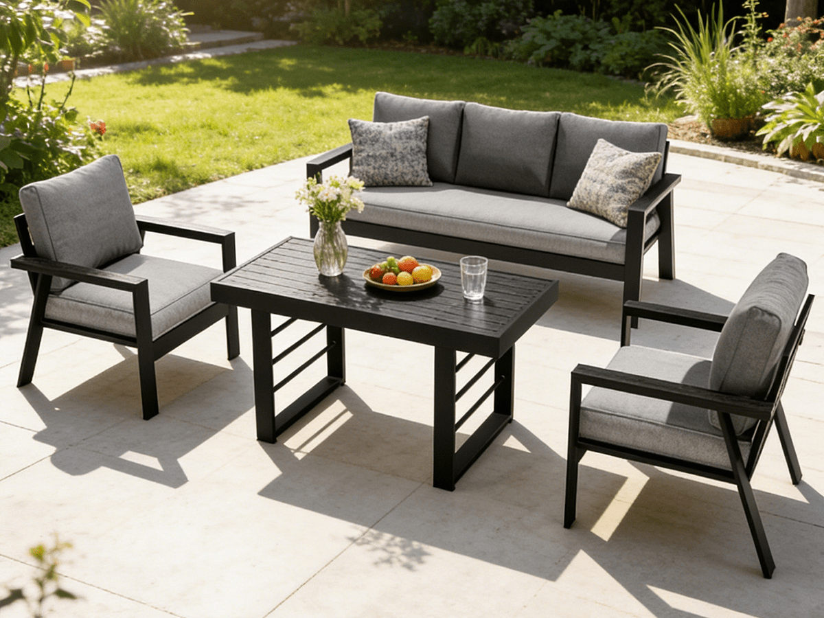 MEXO Gartenlounge - Set Gartenmöbel Set Aluminium 5 - 6 Personen, wetterfest (Garten Essgruppe, Belastbarkeit pro Sitzplatz 140 kg, 4 - tlg., mit ergonomischen Sesseln und extra dicken Kissen) - MeXo - Home