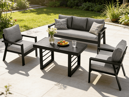 MEXO Gartenlounge - Set Gartenmöbel Set Aluminium 5 - 6 Personen, wetterfest (Garten Essgruppe, Belastbarkeit pro Sitzplatz 140 kg, 4 - tlg., mit ergonomischen Sesseln und extra dicken Kissen) - MeXo - Home