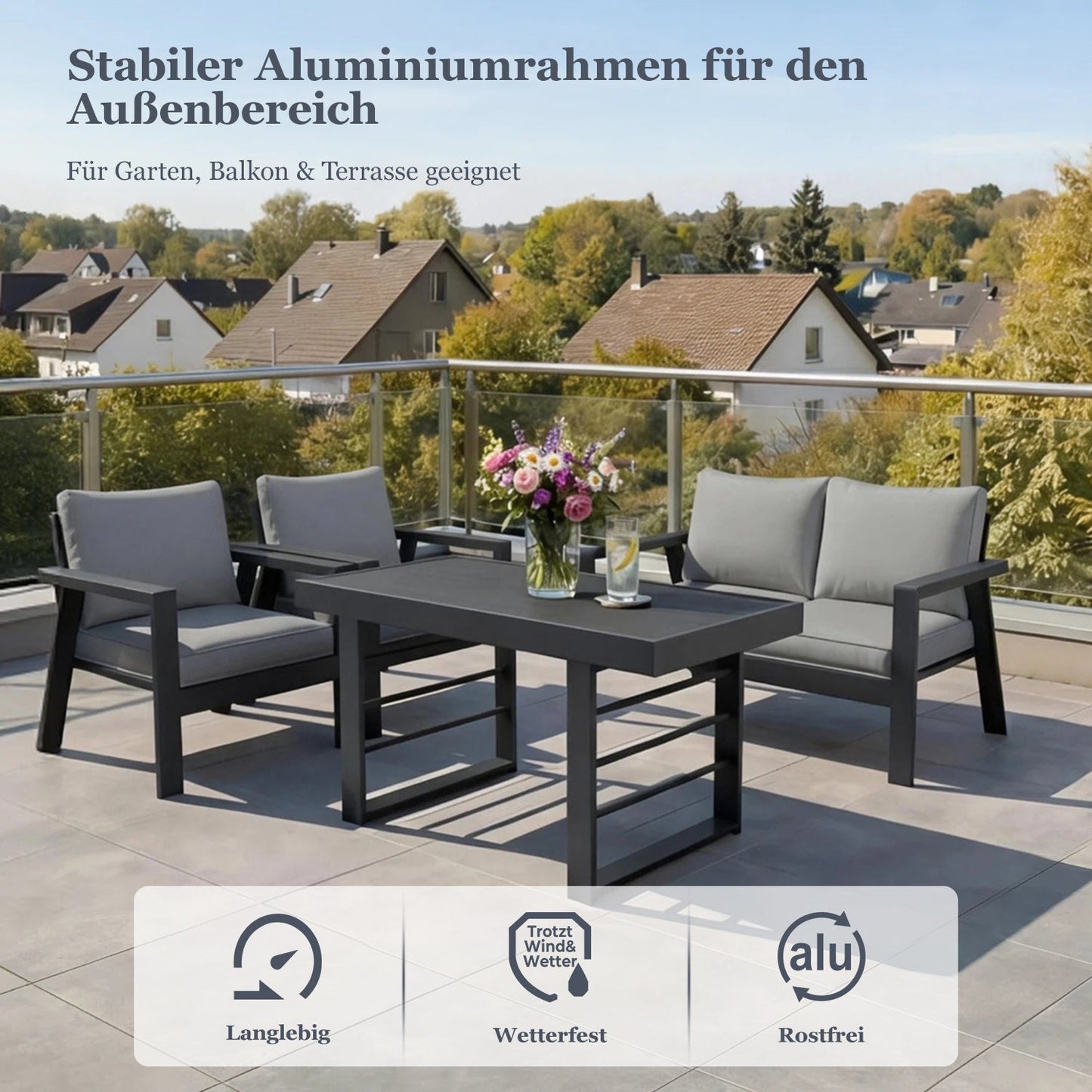 MeXo Gartenlounge - Set Gartenmöbel Set Aluminium Loungeset für Terrasse Balkon, (Set, 4 - tlg., 1×2 - Sitzer Sofa, 2×Einzelsessel, 1×Esstisch, 7×Auflagen), wetterfest Sitzgruppe Essgruppe Gartengarnitur für 3 - 4 Personen - MeXo - Home