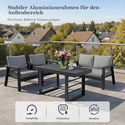 MeXo Gartenlounge - Set Gartenmöbel Set Aluminium Loungeset für Terrasse Balkon, (Set, 4 - tlg., 1×2 - Sitzer Sofa, 2×Einzelsessel, 1×Esstisch, 7×Auflagen), wetterfest Sitzgruppe Essgruppe Gartengarnitur für 3 - 4 Personen - MeXo - Home