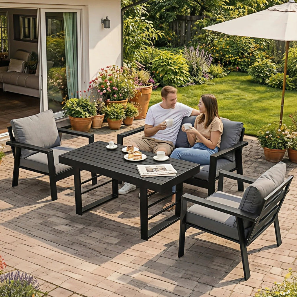MeXo Gartenlounge - Set Gartenmöbel Set Aluminium Loungeset für Terrasse Balkon, (Set, 4 - tlg., 1×2 - Sitzer Sofa, 2×Einzelsessel, 1×Esstisch, 7×Auflagen), wetterfest Sitzgruppe Essgruppe Gartengarnitur für 3 - 4 Personen - MeXo - Home