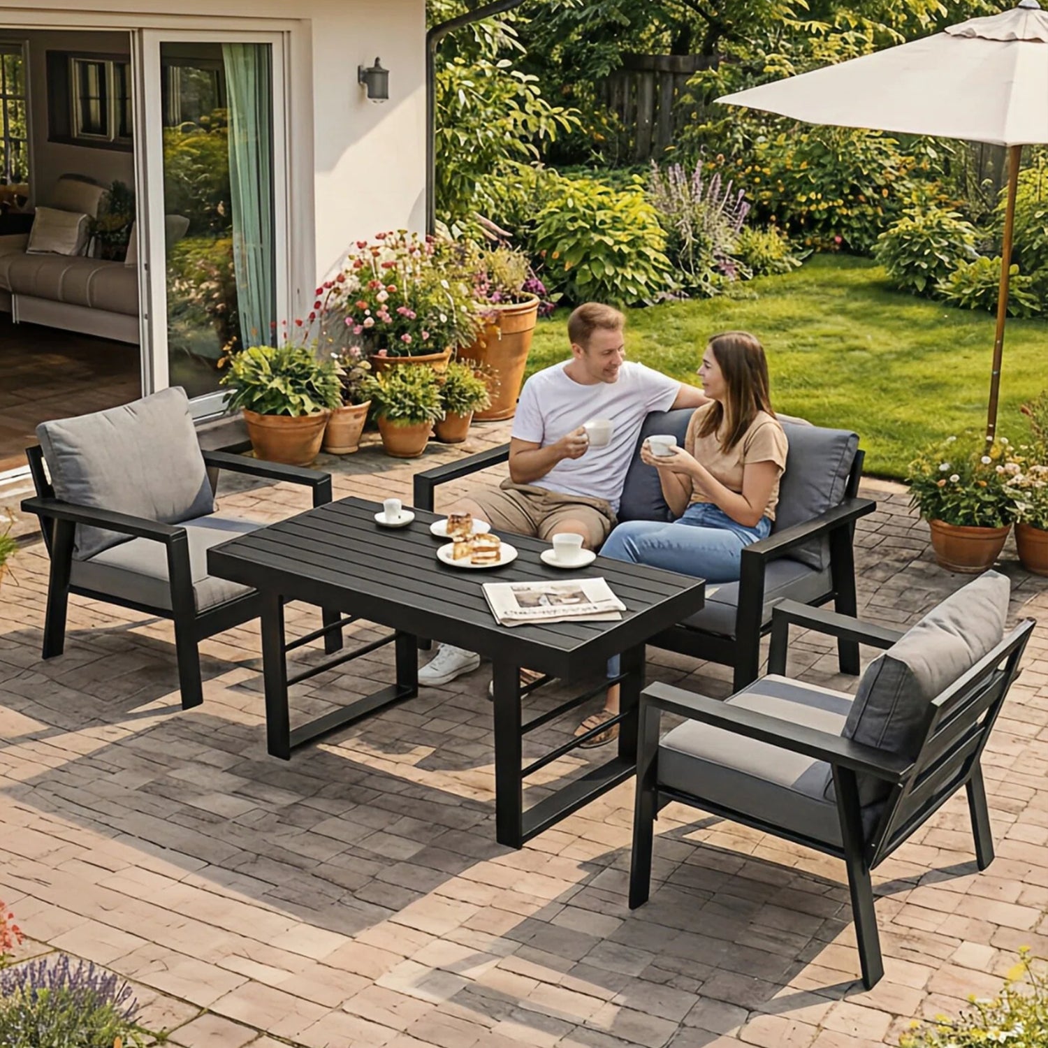 MeXo Gartenlounge - Set Gartenmöbel Set Aluminium Loungeset für Terrasse Balkon, (Set, 4 - tlg., 1×2 - Sitzer Sofa, 2×Einzelsessel, 1×Esstisch, 7×Auflagen), wetterfest Sitzgruppe Essgruppe Gartengarnitur für 3 - 4 Personen - MeXo - Home