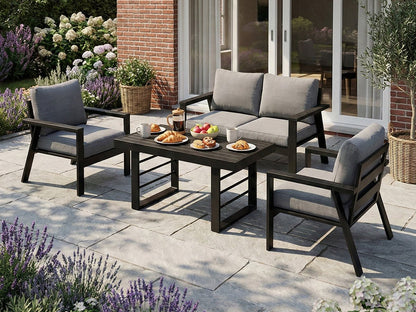 MeXo Gartenlounge - Set Gartenmöbel Set Aluminium Loungeset für Terrasse Balkon, (Set, 4 - tlg., 1×2 - Sitzer Sofa, 2×Einzelsessel, 1×Esstisch, 7×Auflagen), wetterfest Sitzgruppe Essgruppe Gartengarnitur für 3 - 4 Personen - MeXo - Home