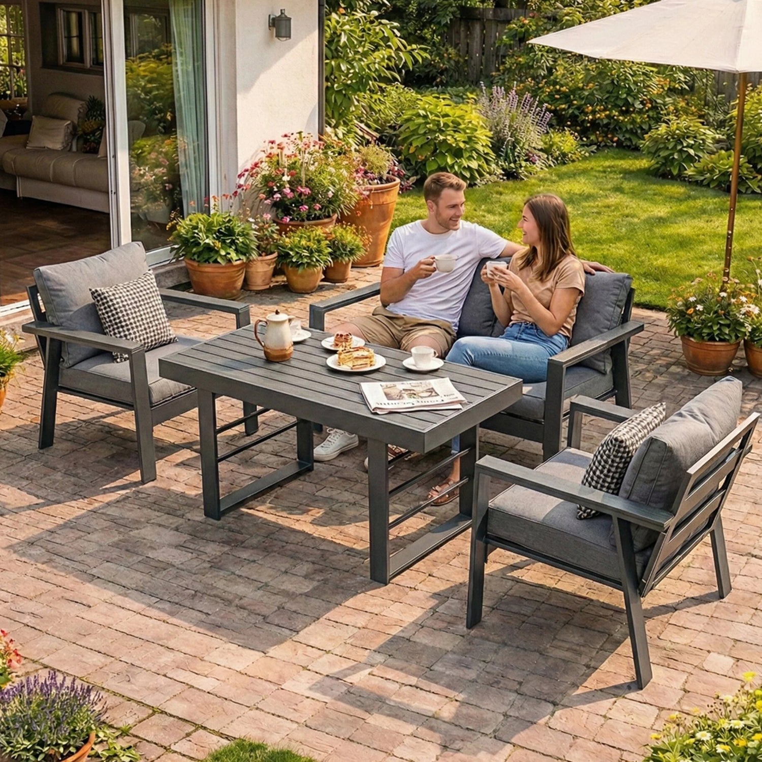MeXo Gartenlounge - Set Gartenmöbel Set Aluminium Loungeset für Terrasse Balkon, (Set, 4 - tlg., 1×2 - Sitzer Sofa, 2×Einzelsessel, 1×Esstisch, 7×Auflagen), wetterfest Sitzgruppe Essgruppe Gartengarnitur für 3 - 4 Personen - MeXo - Home