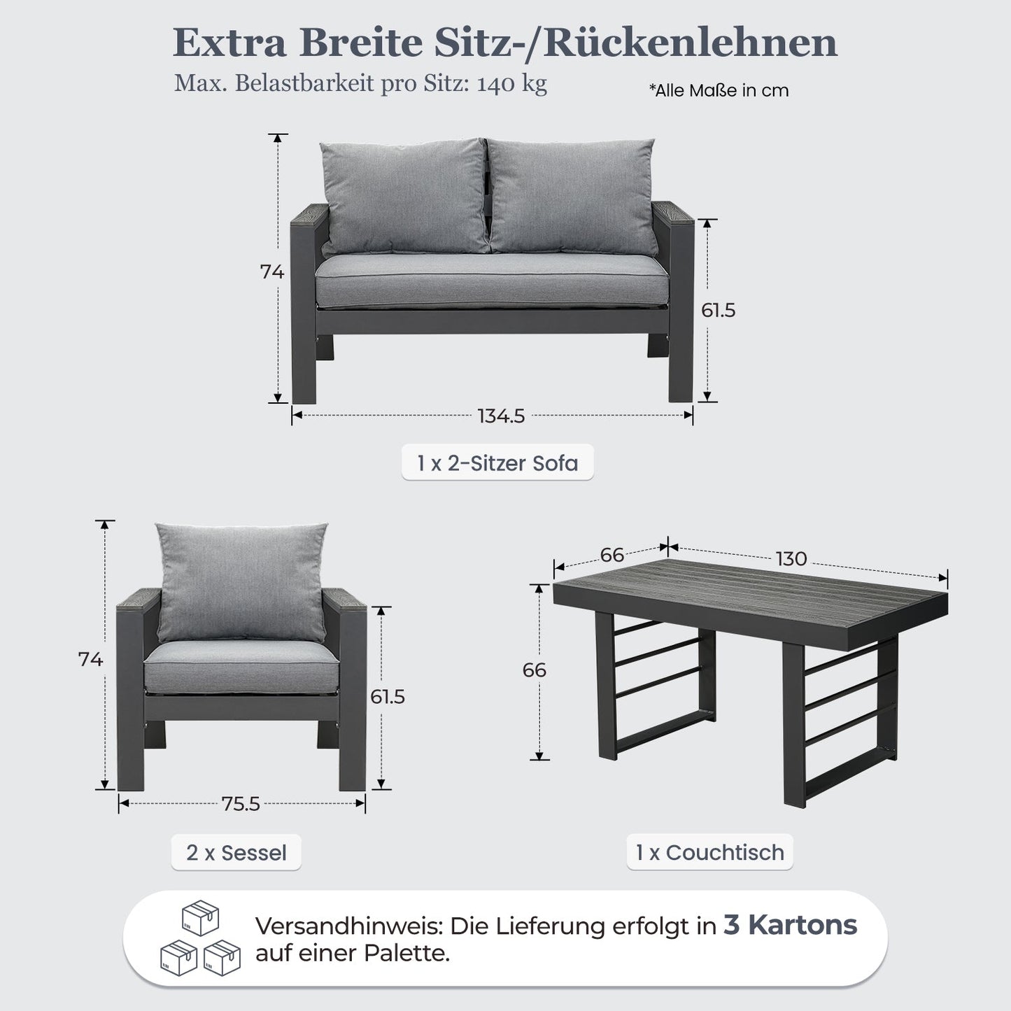 MeXo Gartenlounge - Set Gartenmöbel Set Aluminium Loungeset für Terrasse Balkon, (Set, 4 - tlg., 1×2 - Sitzer Sofa, 2×Einzelsessel, 1×Esstisch, 7×Auflagen), wetterfest Sitzgruppe Essgruppe Gartengarnitur für 3 - 4 Personen - MeXo - Home