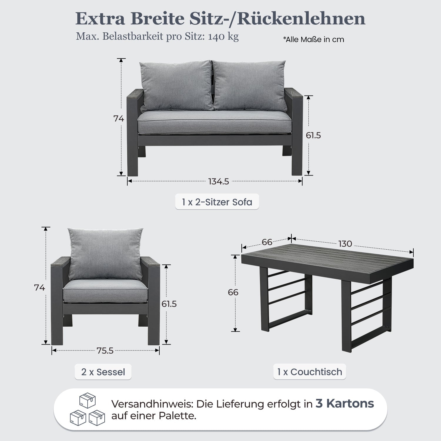 MeXo Gartenlounge - Set Gartenmöbel Set Aluminium Loungeset für Terrasse Balkon, (Set, 4 - tlg., 1×2 - Sitzer Sofa, 2×Einzelsessel, 1×Esstisch, 7×Auflagen), wetterfest Sitzgruppe Essgruppe Gartengarnitur für 3 - 4 Personen - MeXo - Home