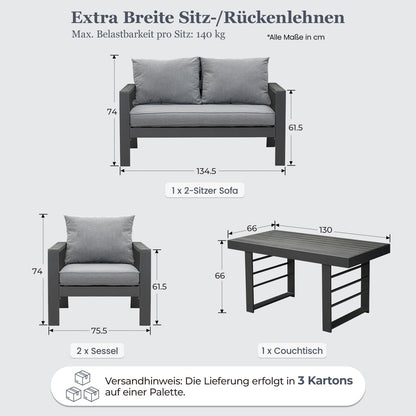 MeXo Gartenlounge - Set Gartenmöbel Set Aluminium Loungeset für Terrasse Balkon, (Set, 4 - tlg., 1×2 - Sitzer Sofa, 2×Einzelsessel, 1×Esstisch, 7×Auflagen), wetterfest Sitzgruppe Essgruppe Gartengarnitur für 3 - 4 Personen - MeXo - Home