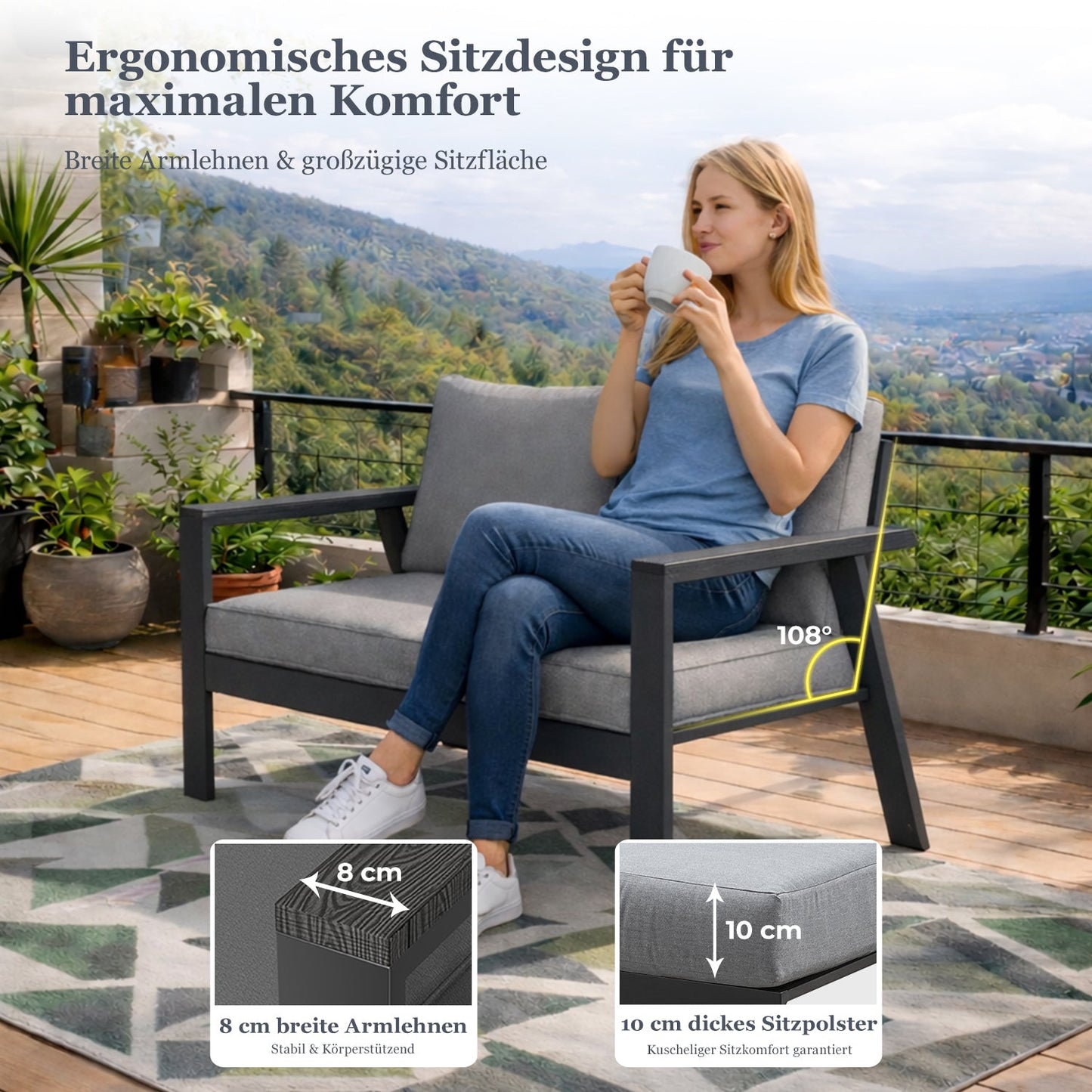 MeXo Gartenlounge - Set Gartenmöbel Set Aluminium Loungeset für Terrasse Balkon, (Set, 4 - tlg., 1×2 - Sitzer Sofa, 2×Einzelsessel, 1×Esstisch, 7×Auflagen), wetterfest Sitzgruppe Essgruppe Gartengarnitur für 3 - 4 Personen - MeXo - Home