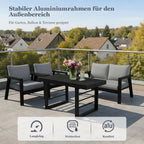 MeXo Gartenlounge - Set Gartenmöbel Set Aluminium Loungeset für Terrasse Balkon, (Set, 4 - tlg., 1×2 - Sitzer Sofa, 2×Einzelsessel, 1×Esstisch, 7×Auflagen), wetterfest Sitzgruppe Essgruppe Gartengarnitur für 3 - 4 Personen - MeXo - Home
