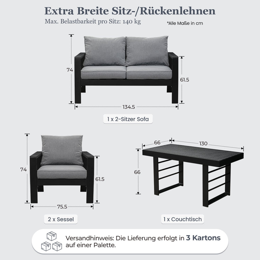 MeXo Gartenlounge - Set Gartenmöbel Set Aluminium Loungeset für Terrasse Balkon, (Set, 4 - tlg., 1×2 - Sitzer Sofa, 2×Einzelsessel, 1×Esstisch, 7×Auflagen), wetterfest Sitzgruppe Essgruppe Gartengarnitur für 3 - 4 Personen - MeXo - Home