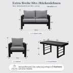 MeXo Gartenlounge - Set Gartenmöbel Set Aluminium Loungeset für Terrasse Balkon, (Set, 4 - tlg., 1×2 - Sitzer Sofa, 2×Einzelsessel, 1×Esstisch, 7×Auflagen), wetterfest Sitzgruppe Essgruppe Gartengarnitur für 3 - 4 Personen - MeXo - Home