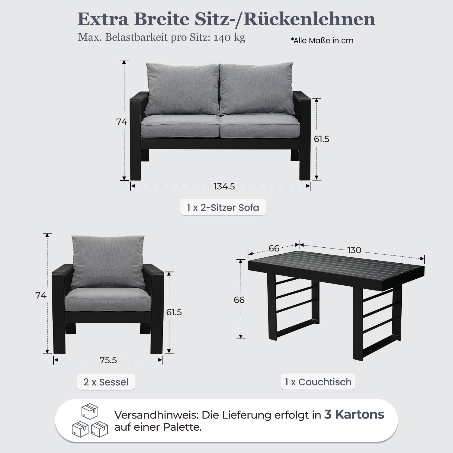 MeXo Gartenlounge - Set Gartenmöbel Set Aluminium Loungeset für Terrasse Balkon, (Set, 4 - tlg., 1×2 - Sitzer Sofa, 2×Einzelsessel, 1×Esstisch, 7×Auflagen), wetterfest Sitzgruppe Essgruppe Gartengarnitur für 3 - 4 Personen - MeXo - Home
