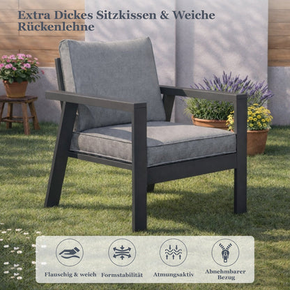 MeXo Gartenlounge - Set Gartenmöbel Set Aluminium Loungeset für Terrasse Balkon, (Set, 4 - tlg., 1×2 - Sitzer Sofa, 2×Einzelsessel, 1×Esstisch, 7×Auflagen), wetterfest Sitzgruppe Essgruppe Gartengarnitur für 3 - 4 Personen - MeXo - Home