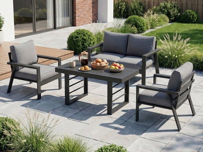 MeXo Gartenlounge - Set Gartenmöbel Set Aluminium Loungeset für Terrasse Balkon, (Set, 4 - tlg., 1×2 - Sitzer Sofa, 2×Einzelsessel, 1×Esstisch, 7×Auflagen), wetterfest Sitzgruppe Essgruppe Gartengarnitur für 3 - 4 Personen - MeXo - Home