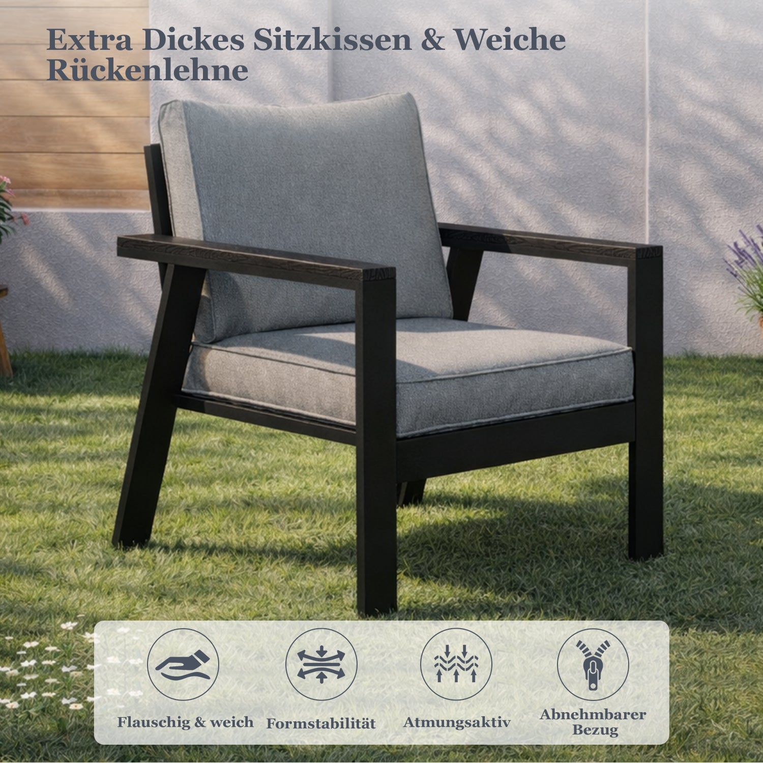 MeXo Gartenlounge - Set Gartenmöbel Set Aluminium Loungeset für Terrasse Balkon, (Set, 4 - tlg., 1×2 - Sitzer Sofa, 2×Einzelsessel, 1×Esstisch, 7×Auflagen), wetterfest Sitzgruppe Essgruppe Gartengarnitur für 3 - 4 Personen - MeXo - Home