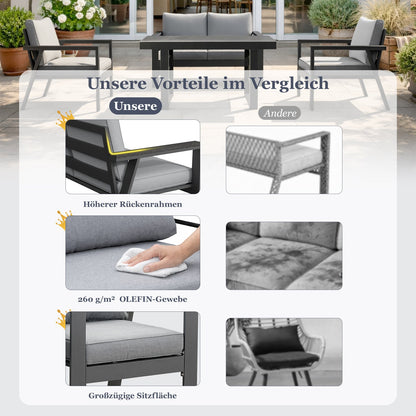 MeXo Gartenlounge - Set Gartenmöbel Set Aluminium Loungeset für Terrasse Balkon, (Set, 4 - tlg., 1×2 - Sitzer Sofa, 2×Einzelsessel, 1×Esstisch, 7×Auflagen), wetterfest Sitzgruppe Essgruppe Gartengarnitur für 3 - 4 Personen - MeXo - Home