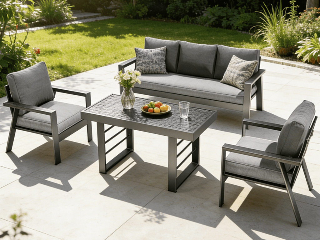MeXo Gartenlounge - Set Gartenmöbel Set Aluminium Loungeset für Terrasse Balkon, (Set, 4 - tlg., 1×3 - Sitzer Sofa, 2×Einzelsessel, 1×Esstisch, 8×Auflagen), wetterfest Sitzgruppe Essgruppe Gartengarnitur für 4 - 5 Personen - MeXo - Home