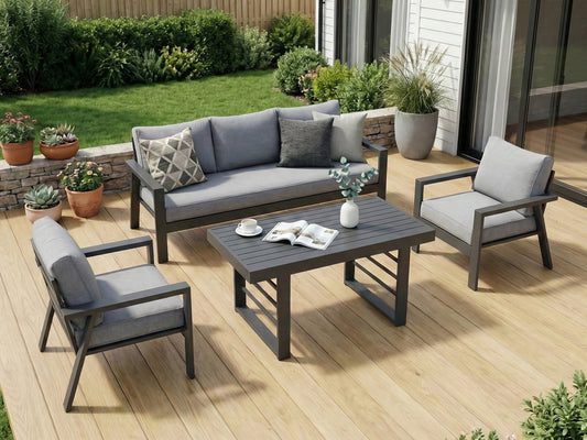 MeXo Gartenlounge - Set Gartenmöbel Set Aluminium Loungeset für Terrasse Balkon, (Set, 4 - tlg., 1×3 - Sitzer Sofa, 2×Einzelsessel, 1×Esstisch, 8×Auflagen), wetterfest Sitzgruppe Essgruppe Gartengarnitur für 4 - 5 Personen - MeXo - Home