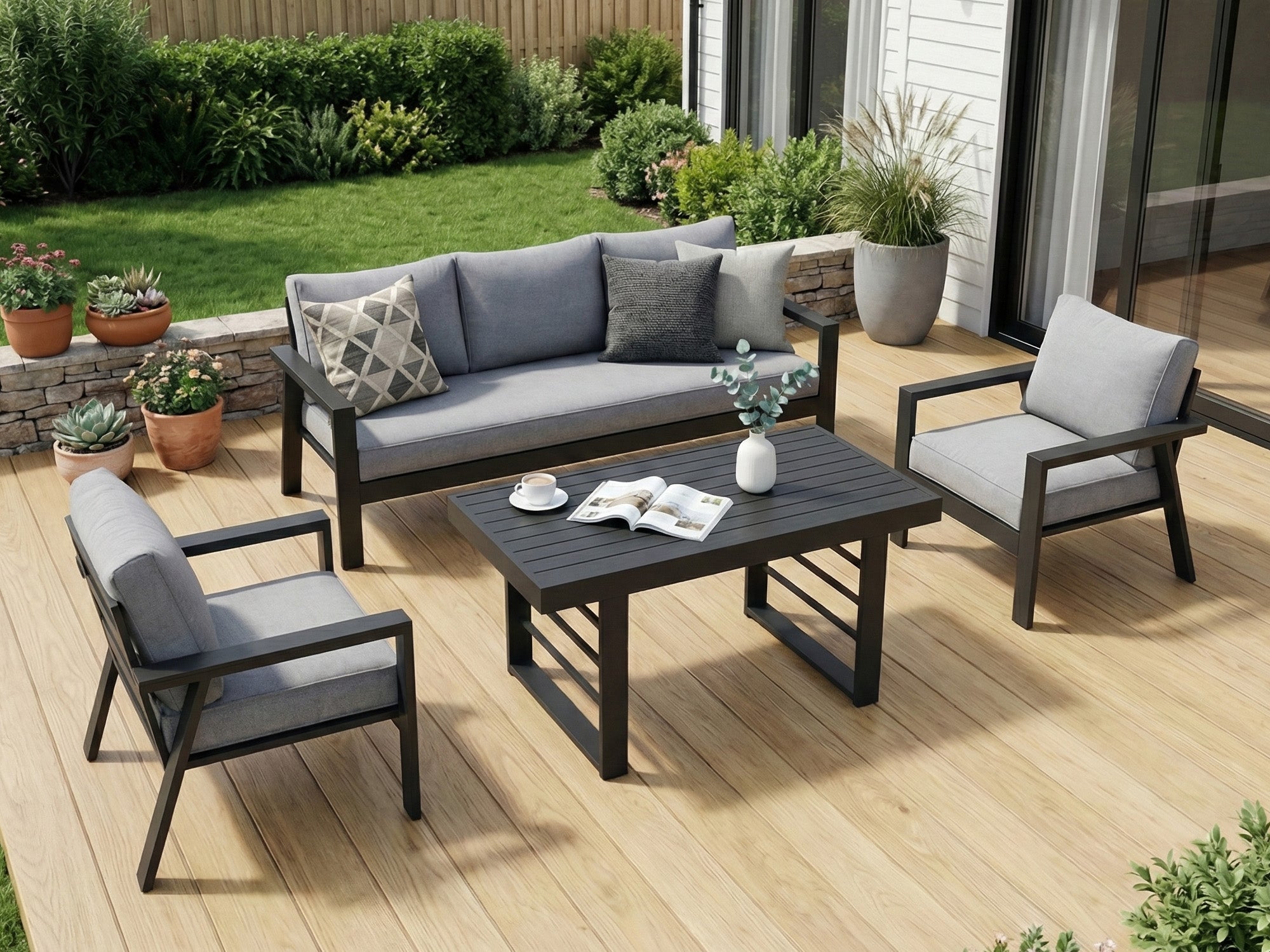MeXo Gartenlounge - Set Gartenmöbel Set Aluminium Loungeset für Terrasse Balkon, (Set, 4 - tlg., 1×3 - Sitzer Sofa, 2×Einzelsessel, 1×Esstisch, 8×Auflagen), wetterfest Sitzgruppe Essgruppe Gartengarnitur für 4 - 5 Personen - MeXo - Home