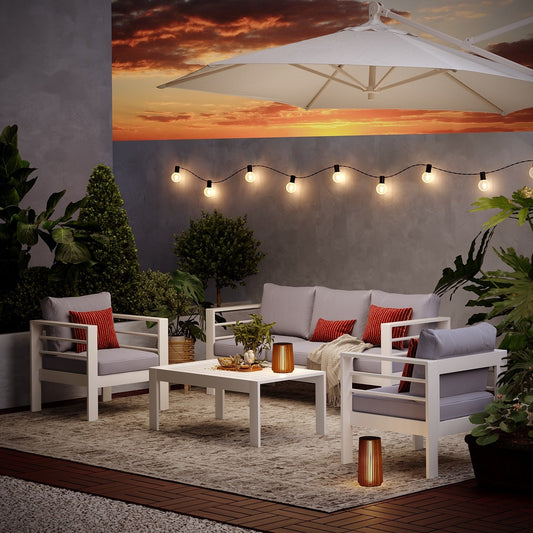 MeXo Gartenlounge - Set Terrassenmöbel Set Aluminium 5 Personen wetterfest, (12cm Deluxe Relax - Sitzkissen, 4 - tlg., Belastbarkeit pro Sitzplatz 140kg), Tisch 110x62x41cm, Sitzgruppe Dreisitzer Sofa 184×65×66cm - MeXo - Home