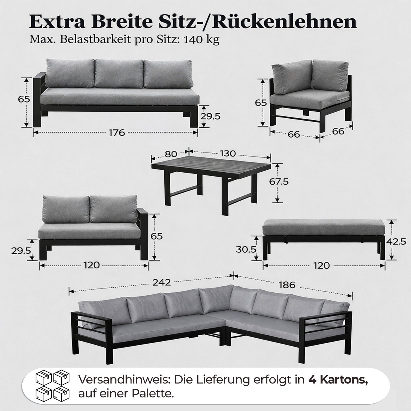 MEXO Gartenlounge - Set XXL Gartenmöbel Set Aluminium für 6 - 8 Personen (Ecklounge, 5 - tlg., mit 12 cm dicken Sitzkissen, pflegeleichte Polywood - Tischplatte), 8 cm breite Armlehne, Belastbarkeit pro Sitzplatz 140 kg - MeXo - Home