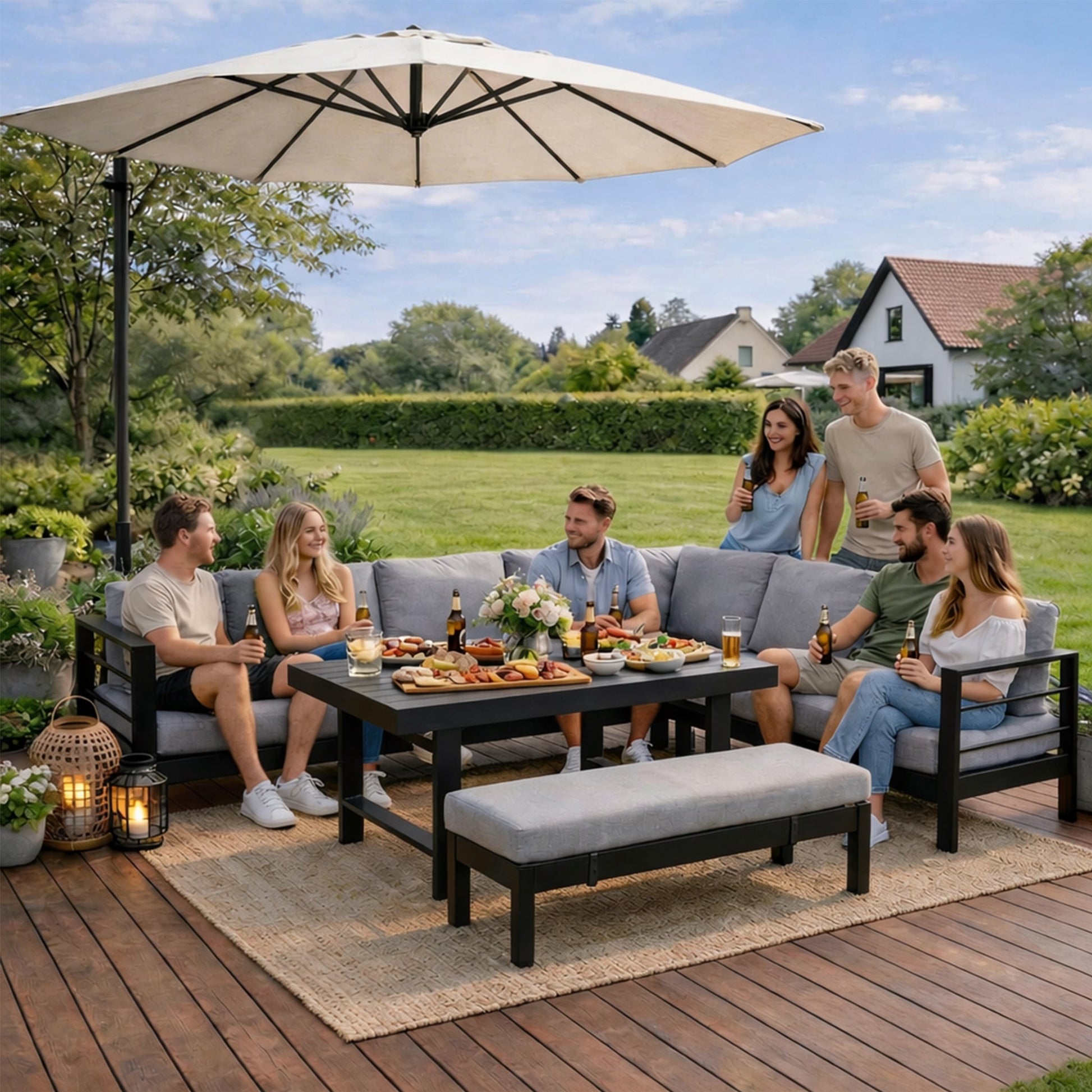 MEXO Gartenlounge - Set XXL Gartenmöbel Set Aluminium für 6 - 8 Personen (Ecklounge, 5 - tlg., mit 12 cm dicken Sitzkissen, pflegeleichte Polywood - Tischplatte), 8 cm breite Armlehne, Belastbarkeit pro Sitzplatz 140 kg - MeXo - Home