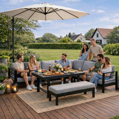MEXO Gartenlounge - Set XXL Gartenmöbel Set Aluminium für 6 - 8 Personen (Ecklounge, 5 - tlg., mit 12 cm dicken Sitzkissen, pflegeleichte Polywood - Tischplatte), 8 cm breite Armlehne, Belastbarkeit pro Sitzplatz 140 kg - MeXo - Home