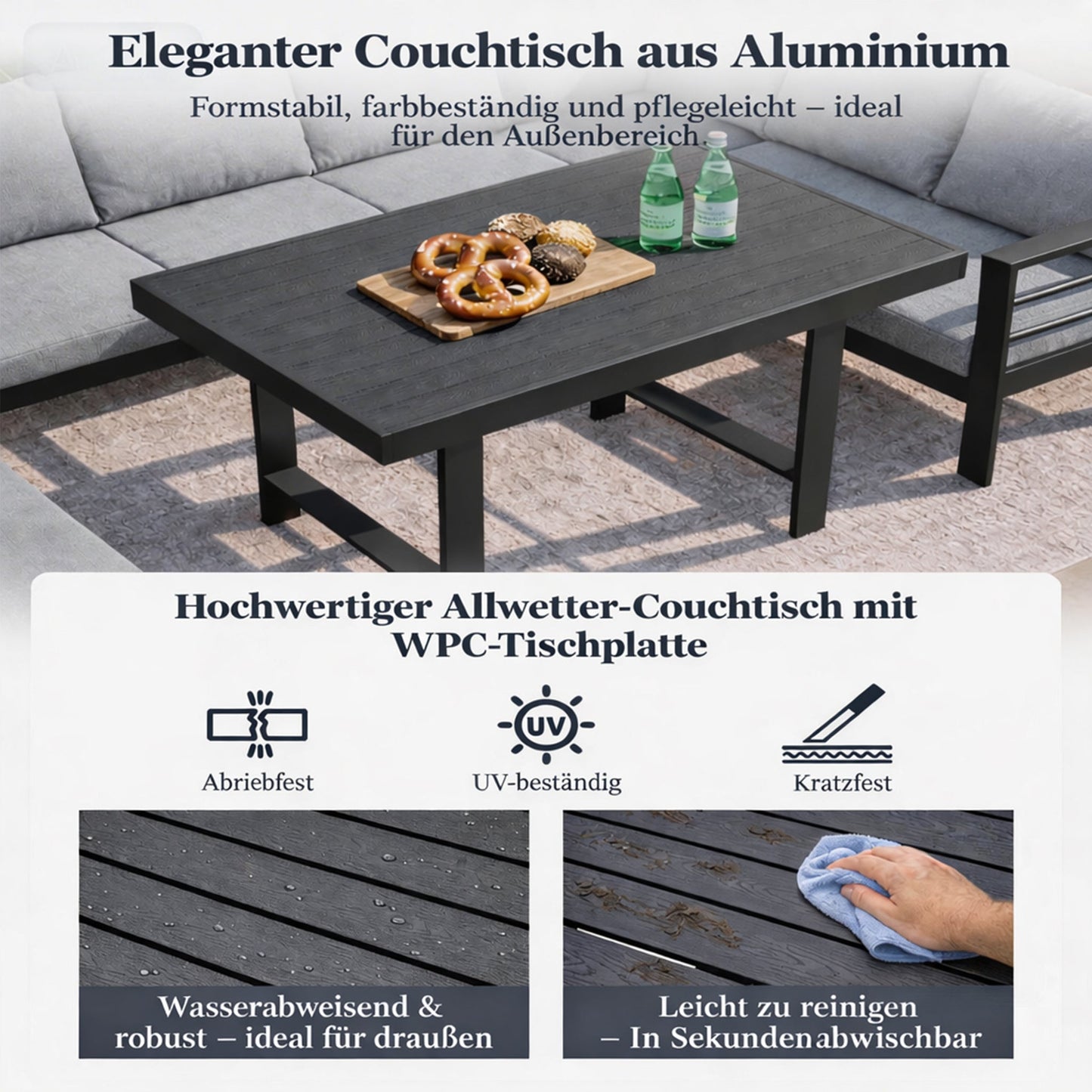 MEXO Gartenlounge - Set XXL Gartenmöbel Set Aluminium für 6 - 8 Personen (Ecklounge, 5 - tlg., mit 12 cm dicken Sitzkissen, pflegeleichte Polywood - Tischplatte), 8 cm breite Armlehne, Belastbarkeit pro Sitzplatz 140 kg - MeXo - Home