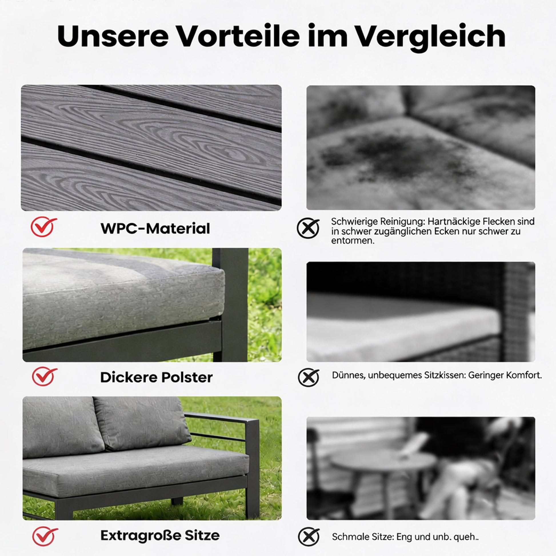 MEXO Gartenlounge - Set XXL Gartenmöbel Set Aluminium für 6 - 8 Personen (Ecklounge, 5 - tlg., mit 12 cm dicken Sitzkissen, pflegeleichte Polywood - Tischplatte), 8 cm breite Armlehne, Belastbarkeit pro Sitzplatz 140 kg - MeXo - Home