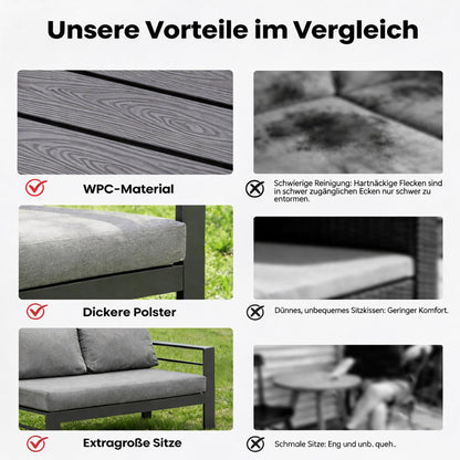 MEXO Gartenlounge - Set XXL Gartenmöbel Set Aluminium für 6 - 8 Personen (Ecklounge, 5 - tlg., mit 12 cm dicken Sitzkissen, pflegeleichte Polywood - Tischplatte), 8 cm breite Armlehne, Belastbarkeit pro Sitzplatz 140 kg - MeXo - Home