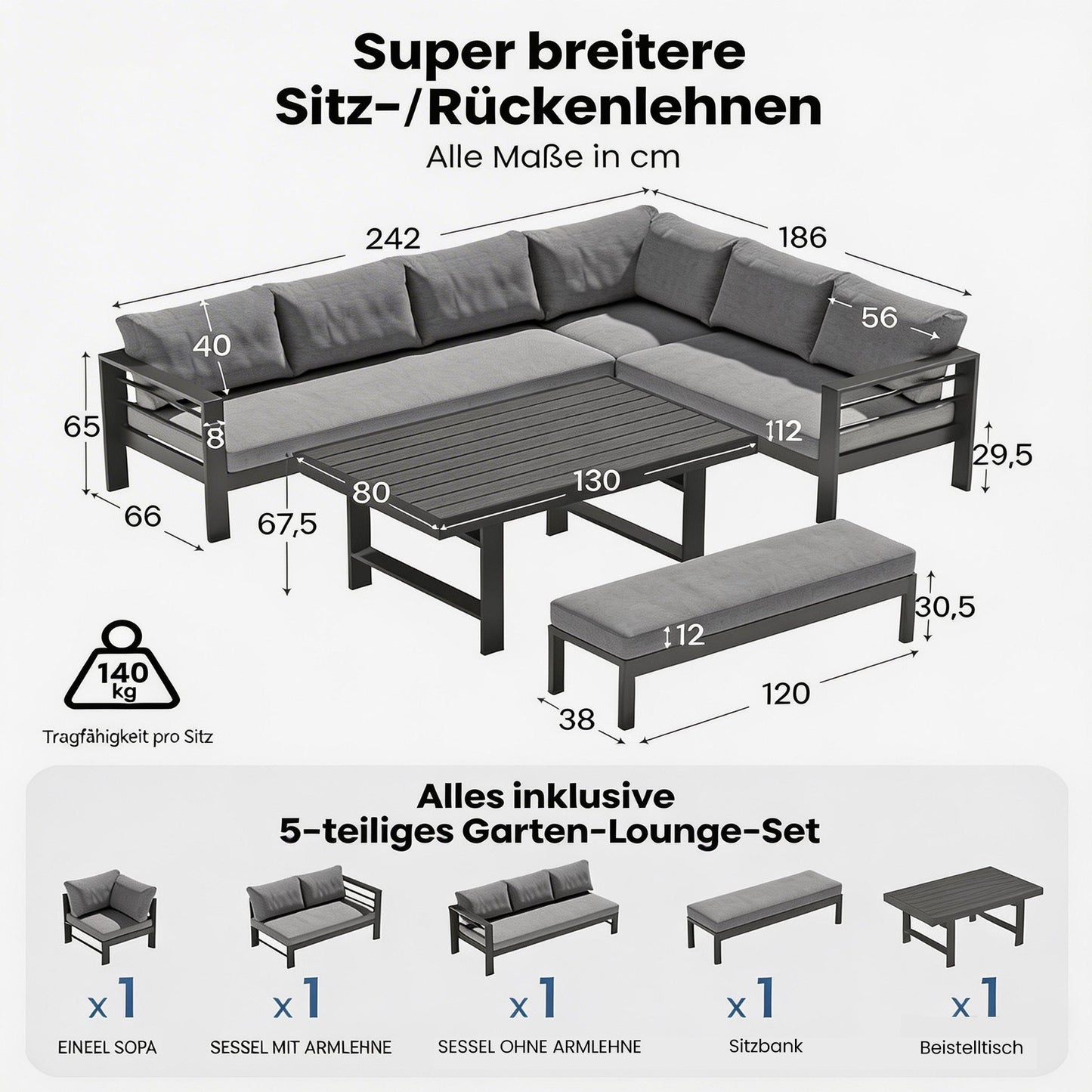 MEXO Gartenlounge - Set XXL Gartenmöbel Set Aluminium für 6 - 8 Personen (Ecklounge, 5 - tlg., mit 12 cm dicken Sitzkissen, pflegeleichte Polywood - Tischplatte), 8 cm breite Armlehne, Belastbarkeit pro Sitzplatz 140 kg - MeXo - Home