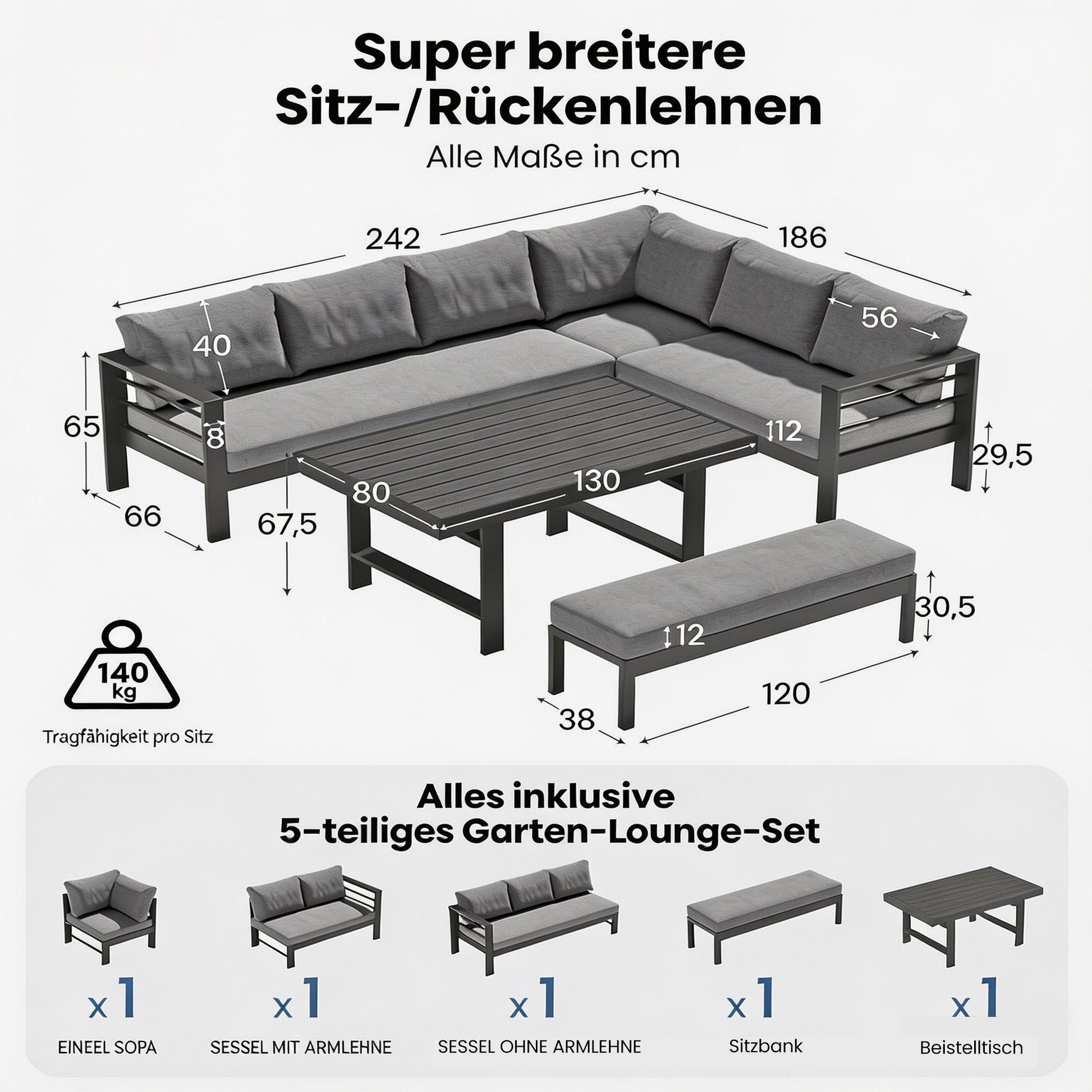 MEXO Gartenlounge - Set XXL Gartenmöbel Set Aluminium für 6 - 8 Personen (Ecklounge, 5 - tlg., mit 12 cm dicken Sitzkissen, pflegeleichte Polywood - Tischplatte), 8 cm breite Armlehne, Belastbarkeit pro Sitzplatz 140 kg - MeXo - Home