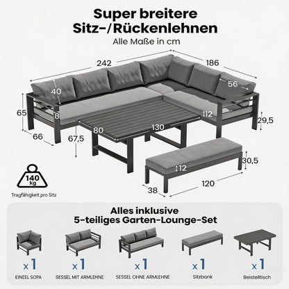 MEXO Gartenlounge - Set XXL Gartenmöbel Set Aluminium für 6 - 8 Personen (Ecklounge, 5 - tlg., mit 12 cm dicken Sitzkissen, pflegeleichte Polywood - Tischplatte), 8 cm breite Armlehne, Belastbarkeit pro Sitzplatz 140 kg - MeXo - Home