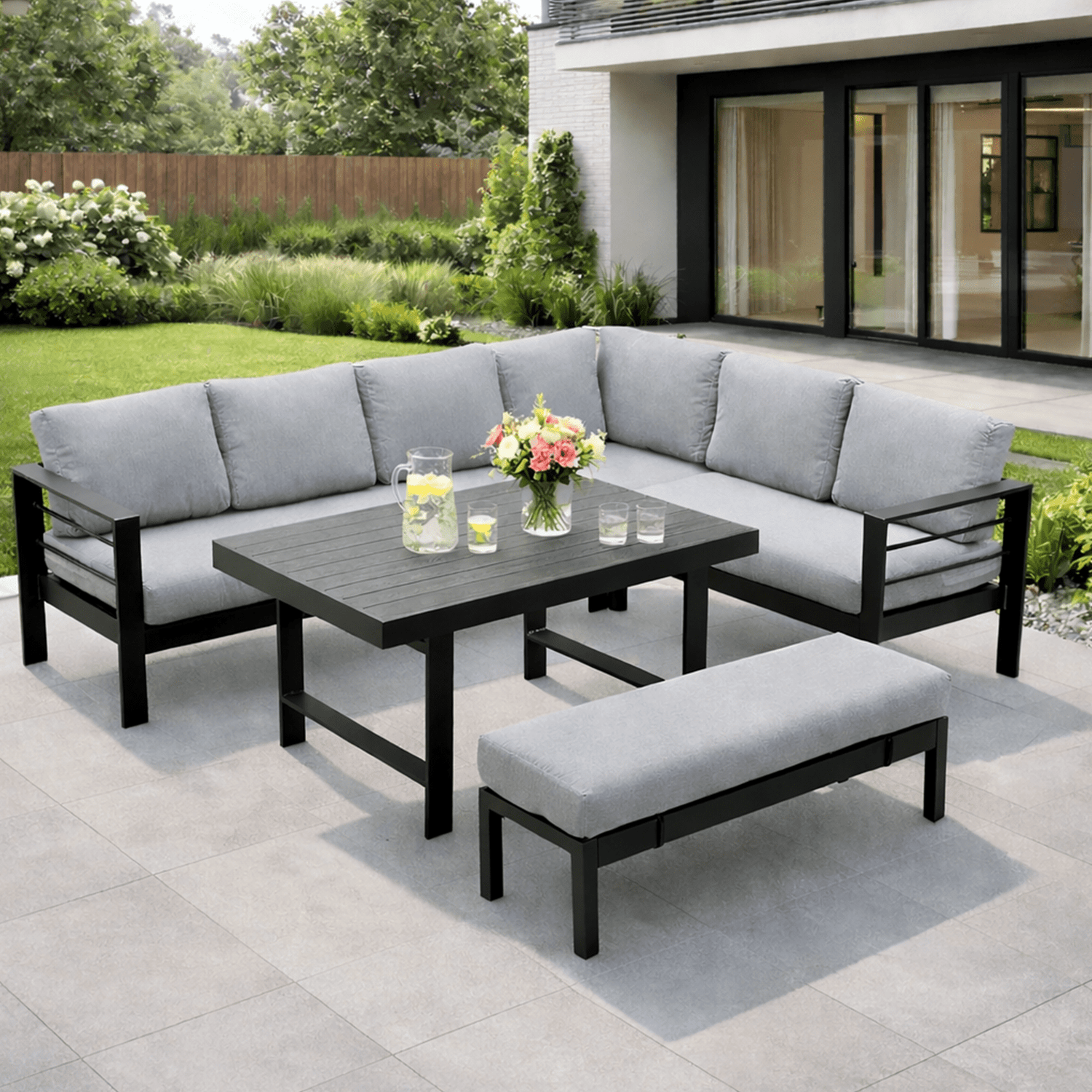 MEXO Gartenlounge - Set XXL Gartenmöbel Set Aluminium für 6 - 8 Personen (Ecklounge, 5 - tlg., mit 12 cm dicken Sitzkissen, pflegeleichte Polywood - Tischplatte), 8 cm breite Armlehne, Belastbarkeit pro Sitzplatz 140 kg - MeXo - Home