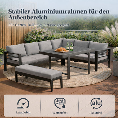 MEXO Gartenlounge - Set XXL Gartenmöbel Set Aluminium für 6 - 8 Personen (Ecklounge, 5 - tlg., mit 12 cm dicken Sitzkissen, pflegeleichte Polywood - Tischplatte), 8 cm breite Armlehne, Belastbarkeit pro Sitzplatz 140 kg - MeXo - Home