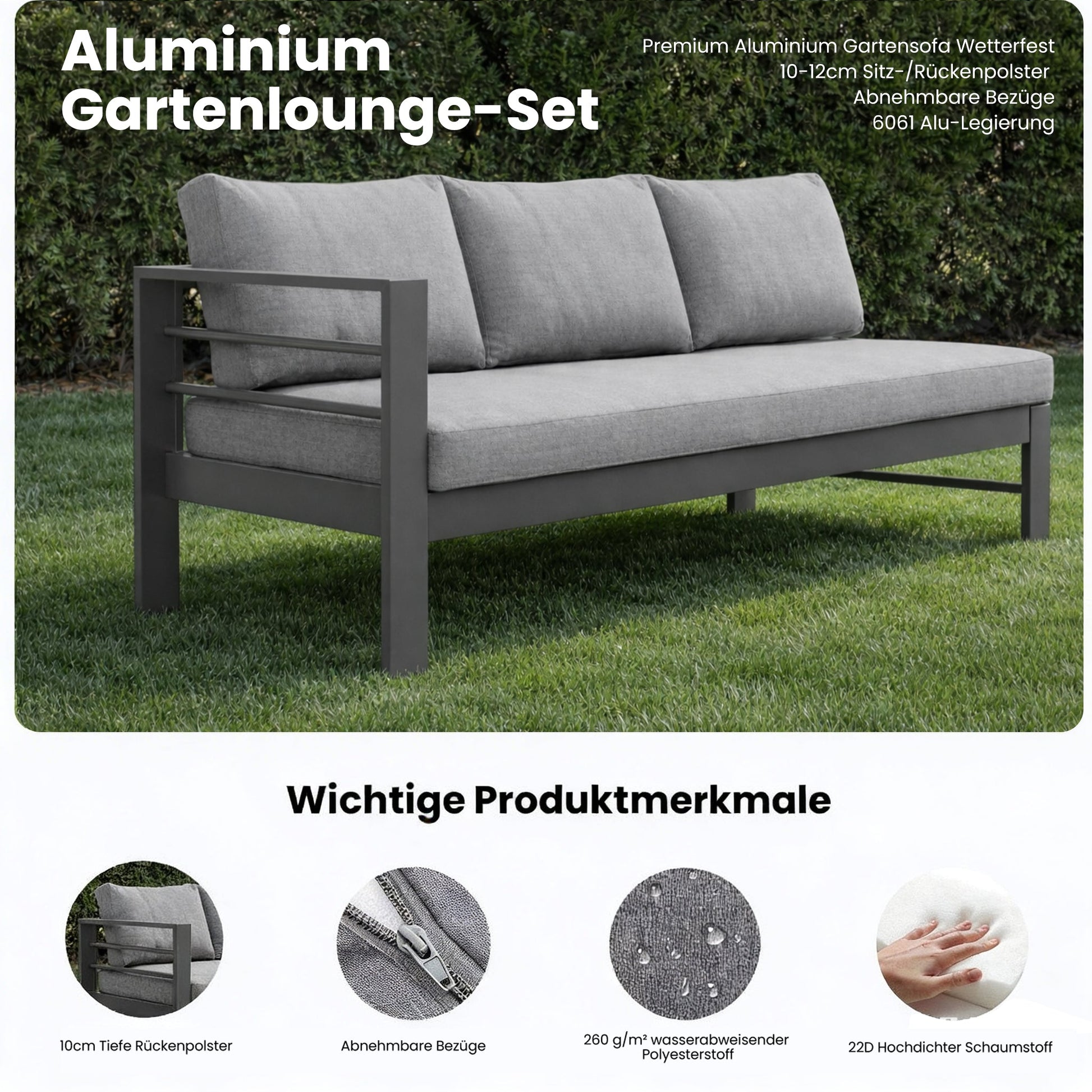 MEXO Gartenlounge - Set XXL Gartenmöbel Set Aluminium für 6 - 8 Personen (Ecklounge, 5 - tlg., mit 12 cm dicken Sitzkissen, pflegeleichte Polywood - Tischplatte), 8 cm breite Armlehne, Belastbarkeit pro Sitzplatz 140 kg - MeXo - Home