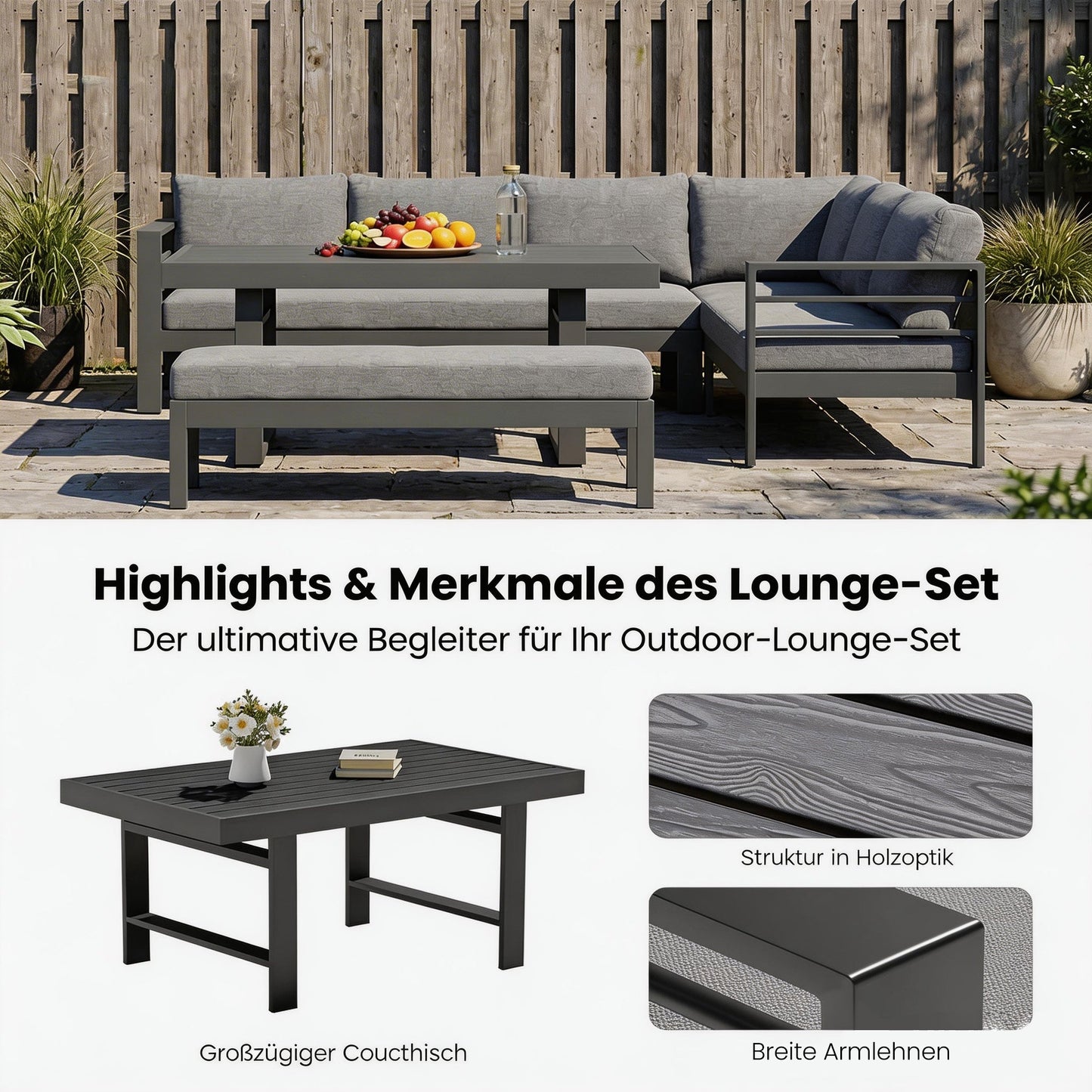 MEXO Gartenlounge - Set XXL Gartenmöbel Set Aluminium für 6 - 8 Personen (Ecklounge, 5 - tlg., mit 12 cm dicken Sitzkissen, pflegeleichte Polywood - Tischplatte), 8 cm breite Armlehne, Belastbarkeit pro Sitzplatz 140 kg - MeXo - Home