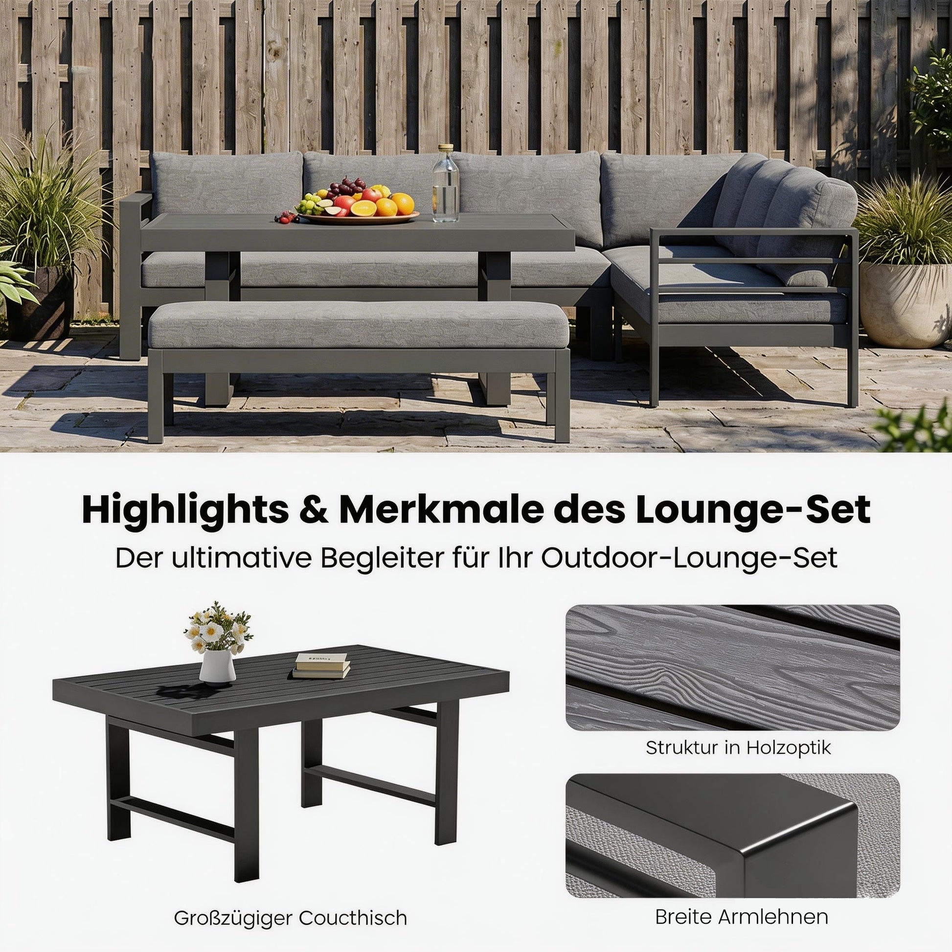 MEXO Gartenlounge - Set XXL Gartenmöbel Set Aluminium für 6 - 8 Personen (Ecklounge, 5 - tlg., mit 12 cm dicken Sitzkissen, pflegeleichte Polywood - Tischplatte), 8 cm breite Armlehne, Belastbarkeit pro Sitzplatz 140 kg - MeXo - Home