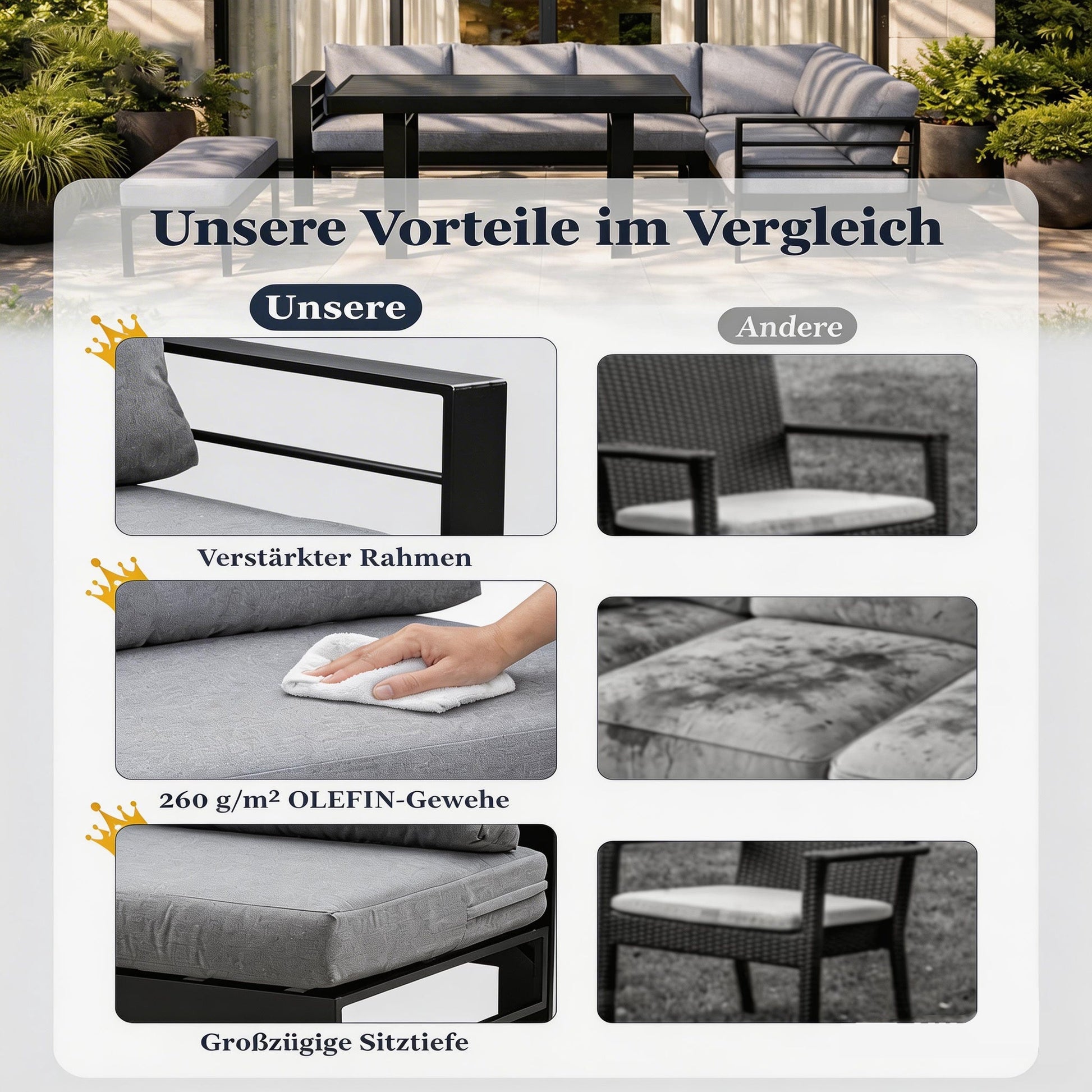 MEXO Gartenlounge - Set XXL Gartenmöbel Set Aluminium für 6 - 8 Personen (Ecklounge, 5 - tlg., mit 12 cm dicken Sitzkissen, pflegeleichte Polywood - Tischplatte), 8 cm breite Armlehne, Belastbarkeit pro Sitzplatz 140 kg - MeXo - Home