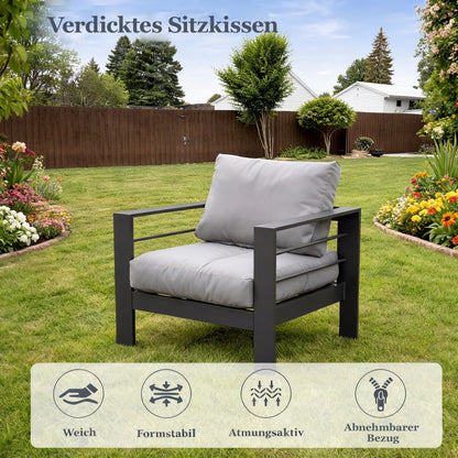 MEXO Gartenlounge - Set XXL Gartenmöbel Set Aluminium Outdoor (Gartenmöbel Set, 4 - tlg., 1×3 - Sitzer Sofa, 2×Sessel, 1×Tisch, 10×Auflagen), wetterfest Sitzgruppe Essgruppe Gartengarnitur für 4 - 5 Personen - MeXo - Home