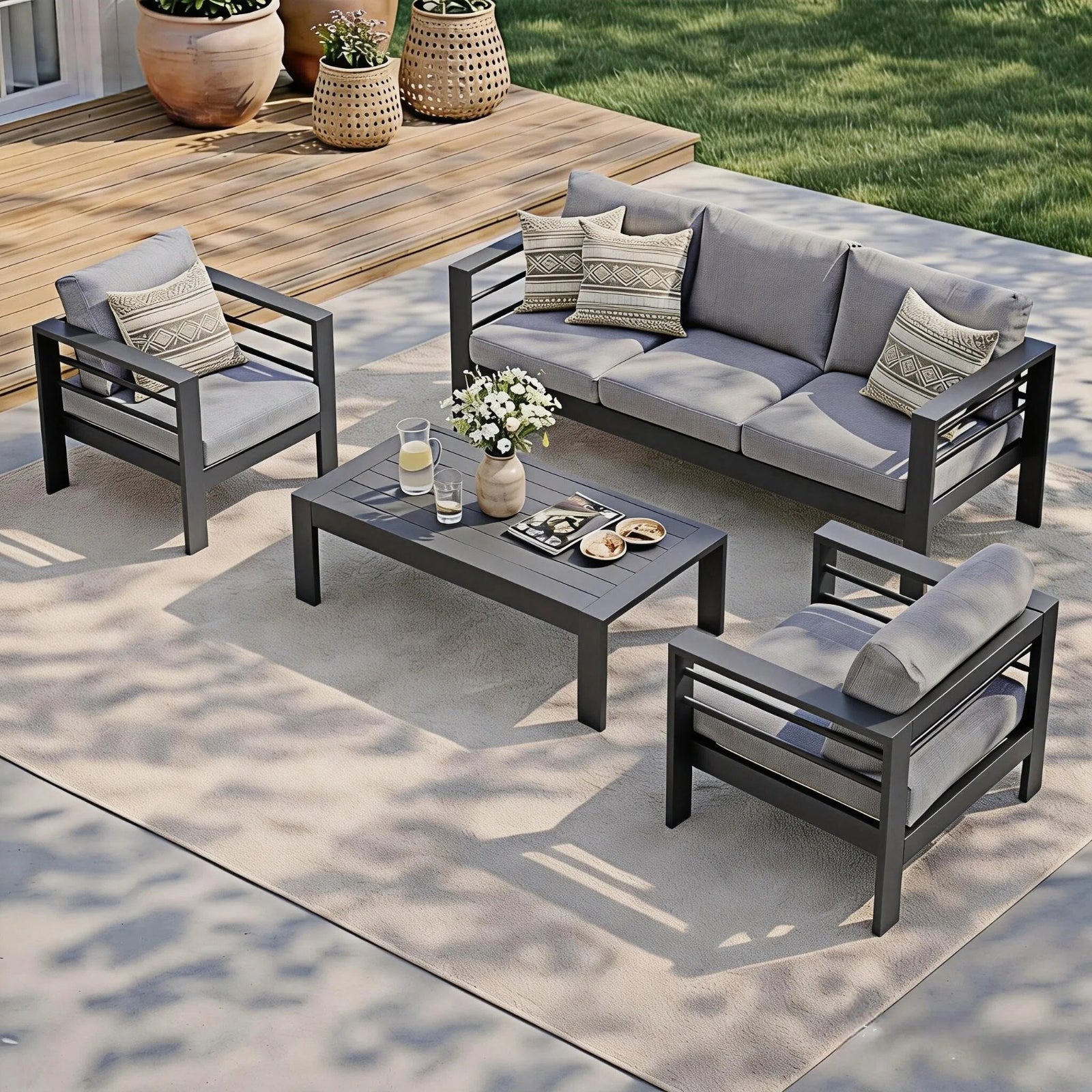 MEXO Gartenlounge - Set XXL Gartenmöbel Set Aluminium Outdoor (Gartenmöbel Set, 4 - tlg., 1×3 - Sitzer Sofa, 2×Sessel, 1×Tisch, 10×Auflagen), wetterfest Sitzgruppe Essgruppe Gartengarnitur für 4 - 5 Personen - MeXo - Home