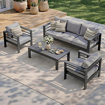 MEXO Gartenlounge - Set XXL Gartenmöbel Set Aluminium Outdoor (Gartenmöbel Set, 4 - tlg., 1×3 - Sitzer Sofa, 2×Sessel, 1×Tisch, 10×Auflagen), wetterfest Sitzgruppe Essgruppe Gartengarnitur für 4 - 5 Personen - MeXo - Home
