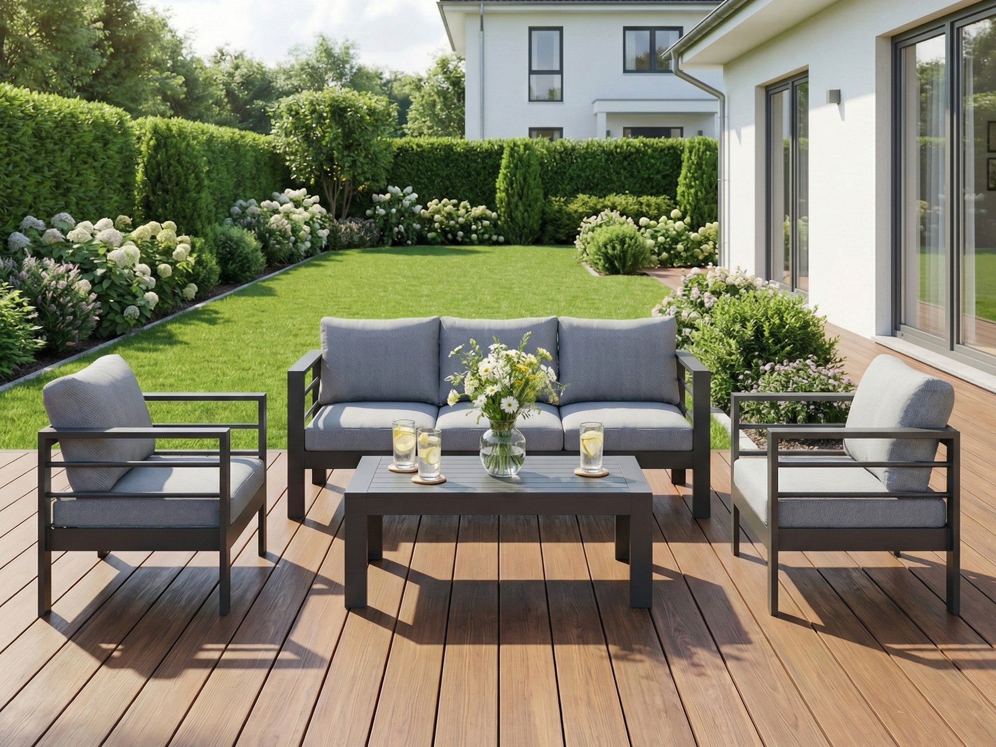 MEXO Gartenlounge - Set XXL Gartenmöbel Set Aluminium Outdoor (Gartenmöbel Set, 4 - tlg., 1×3 - Sitzer Sofa, 2×Sessel, 1×Tisch, 10×Auflagen), wetterfest Sitzgruppe Essgruppe Gartengarnitur für 4 - 5 Personen - MeXo - Home