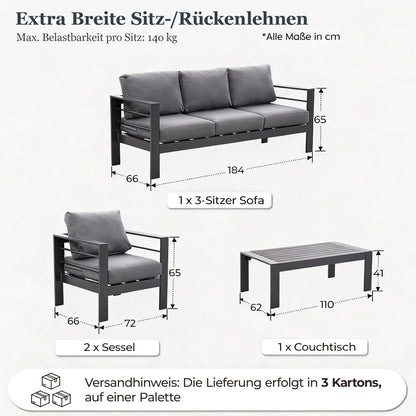 MEXO Gartenlounge - Set XXL Gartenmöbel Set Aluminium Outdoor (Gartenmöbel Set, 4 - tlg., 1×3 - Sitzer Sofa, 2×Sessel, 1×Tisch, 10×Auflagen), wetterfest Sitzgruppe Essgruppe Gartengarnitur für 4 - 5 Personen - MeXo - Home