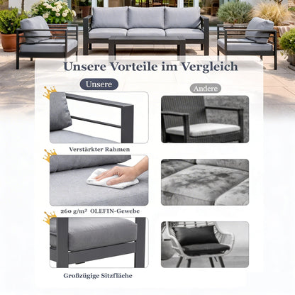 MEXO Gartenlounge - Set XXL Gartenmöbel Set Aluminium Outdoor (Gartenmöbel Set, 4 - tlg., 1×3 - Sitzer Sofa, 2×Sessel, 1×Tisch, 10×Auflagen), wetterfest Sitzgruppe Essgruppe Gartengarnitur für 4 - 5 Personen - MeXo - Home