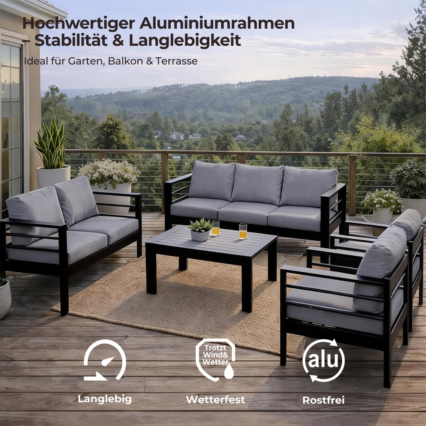 MEXO Gartenlounge - Set XXL Gartenmöbel Set Aluminium Outdoor (Gartenmöbel Set, , 5 - tlg., 1×3 - Sitzer Sofa, 1×2 - Sitzer Sofa, 2×Sessel, 1×Tisch, 14×Auflagen), wetterfest Sitzgruppe Essgruppe Gartengarnitur für 6 - 7 Personen - MeXo - Home