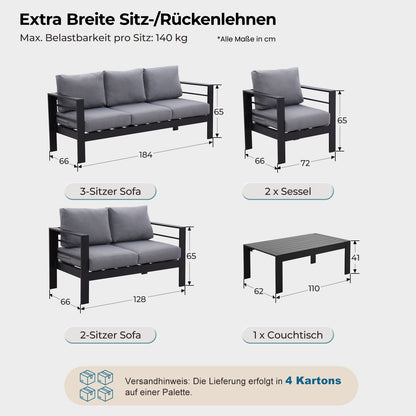 MEXO Gartenlounge - Set XXL Gartenmöbel Set Aluminium Outdoor (Gartenmöbel Set, , 5 - tlg., 1×3 - Sitzer Sofa, 1×2 - Sitzer Sofa, 2×Sessel, 1×Tisch, 14×Auflagen), wetterfest Sitzgruppe Essgruppe Gartengarnitur für 6 - 7 Personen - MeXo - Home