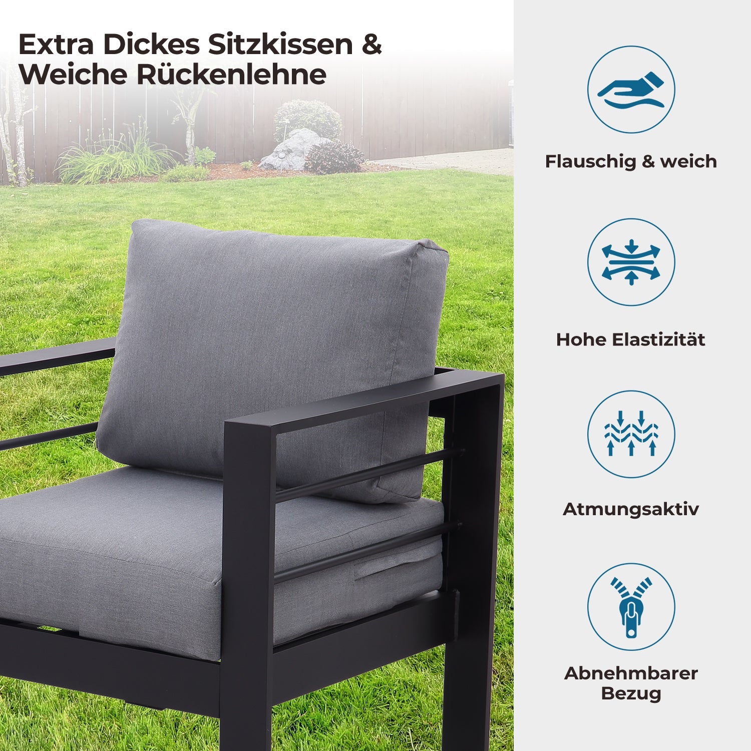 MEXO Gartenlounge - Set XXL Gartenmöbel Set Aluminium Outdoor (Gartenmöbel Set, , 5 - tlg., 1×3 - Sitzer Sofa, 1×2 - Sitzer Sofa, 2×Sessel, 1×Tisch, 14×Auflagen), wetterfest Sitzgruppe Essgruppe Gartengarnitur für 6 - 7 Personen - MeXo - Home