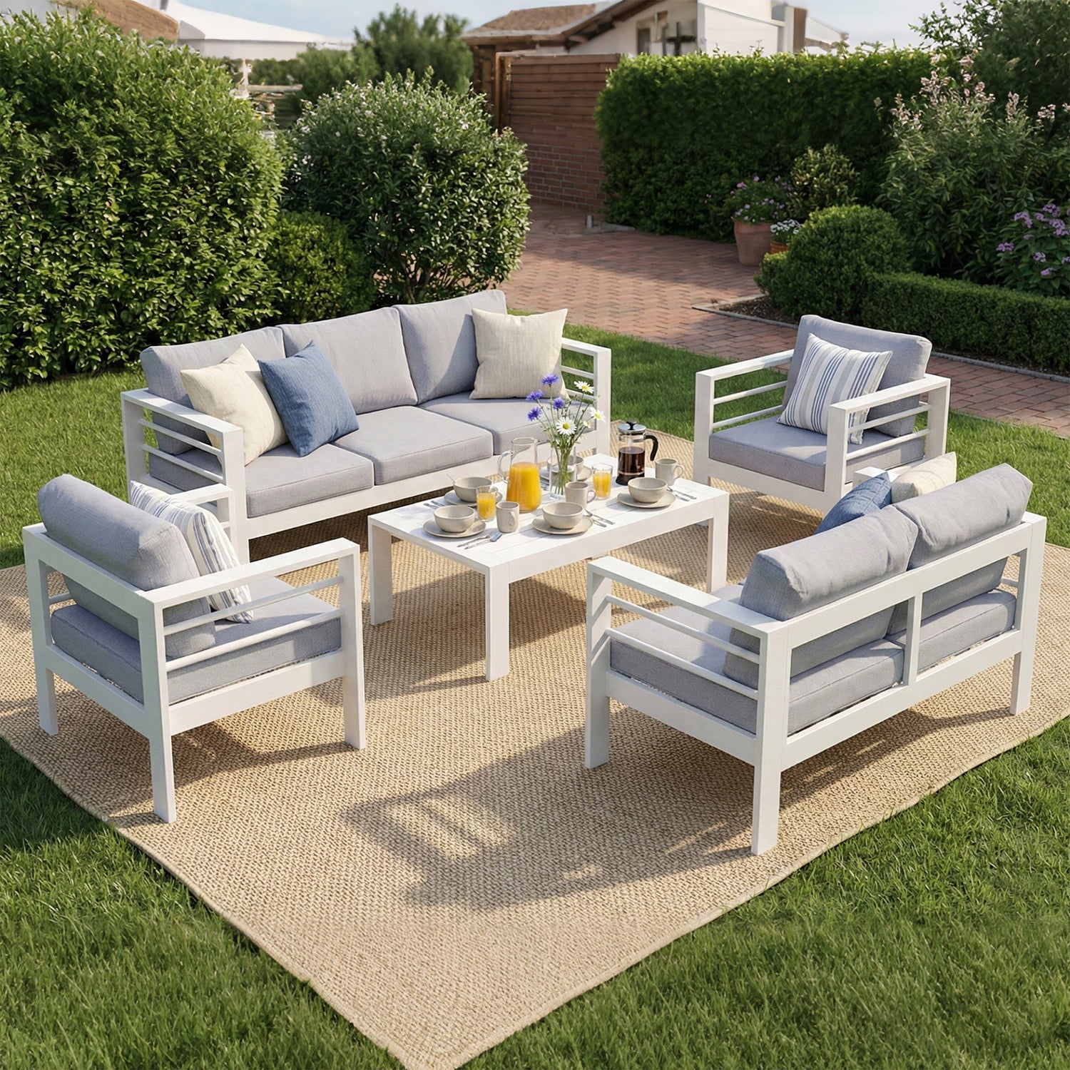 MEXO Gartenlounge - Set XXL Gartenmöbel Set Aluminium Outdoor (Gartenmöbel Set, 5 - tlg., 1×3 - Sitzer Sofa, 1×2 - Sitzer Sofa, 2×Sessel, 1×Tisch, 14×Auflagen), wetterfest Sitzgruppe Essgruppe Gartengarnitur für 6 - 7 Personen - MeXo - Home